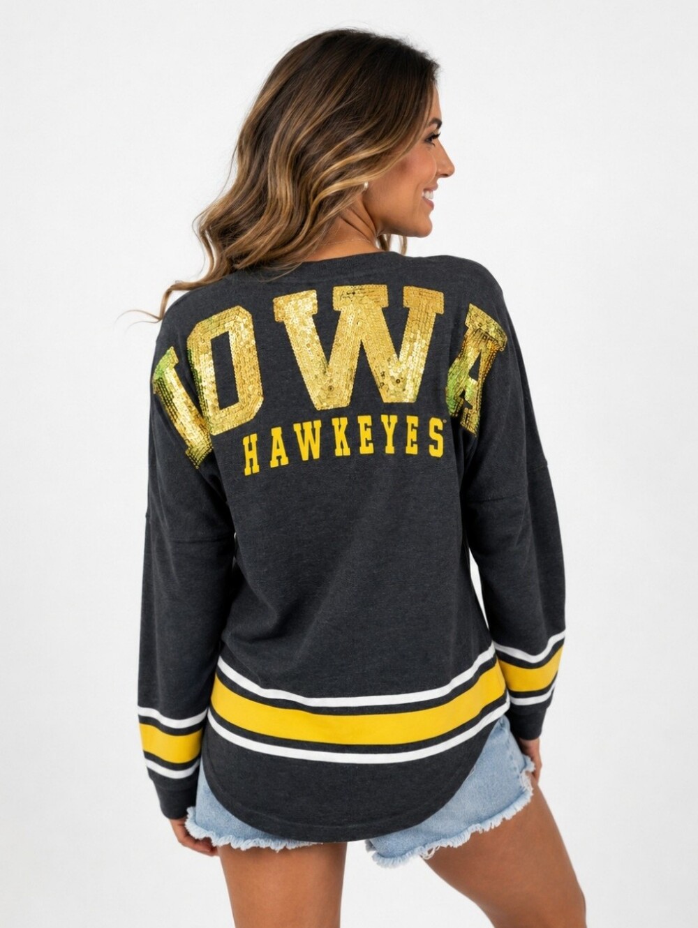 Iowa Hawkeyes Oversized Sequin Back Sweatshirt Jersey Women's Size Small Gray